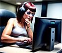 young woman wearing headphones sitting at a comp0uter
